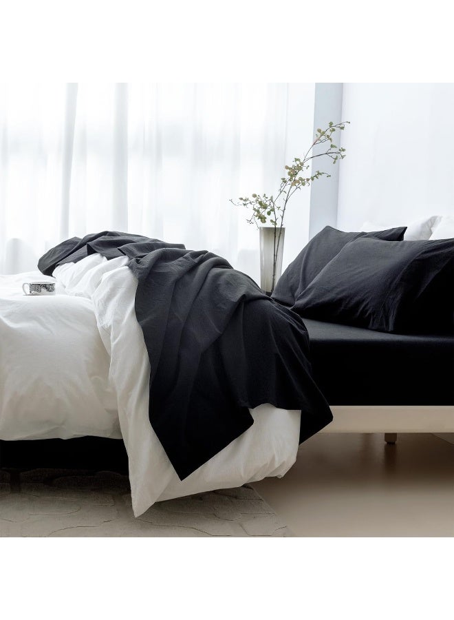 BDEAR 100% Washed Cotton Bedding Sheets Sets Cover Size Queen, Luxe Minimalism Flat Sheet 102" x 90" with Extra Soft Fitted Plain Sheet and 4 Pillowcase, Linen-Liked Texture Black - Image 1