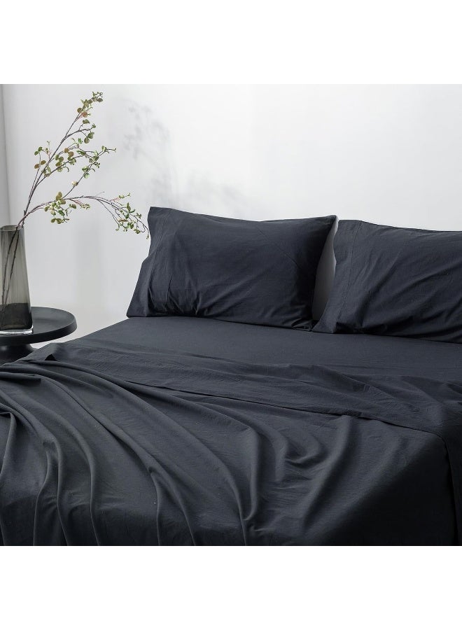 BDEAR 100% Washed Cotton Bedding Sheets Sets Cover Size Queen, Luxe Minimalism Flat Sheet 102" x 90" with Extra Soft Fitted Plain Sheet and 4 Pillowcase, Linen-Liked Texture Black - Image 3