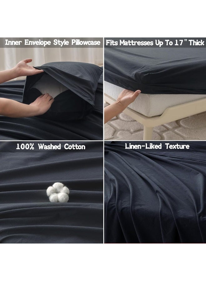BDEAR 100% Washed Cotton Bedding Sheets Sets Cover Size Queen, Luxe Minimalism Flat Sheet 102" x 90" with Extra Soft Fitted Plain Sheet and 4 Pillowcase, Linen-Liked Texture Black - Image 5