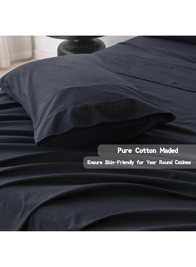BDEAR 100% Washed Cotton Bedding Sheets Sets Cover Size Queen, Luxe Minimalism Flat Sheet 102" x 90" with Extra Soft Fitted Plain Sheet and 4 Pillowcase, Linen-Liked Texture Black - Image 4