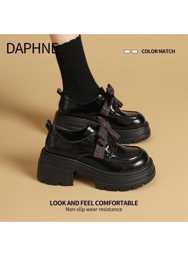 Daphne Black Women's Leather Shoes  New Spring Thick Sole Versatile British Retro Brogue Oxford Shoes - Image 1