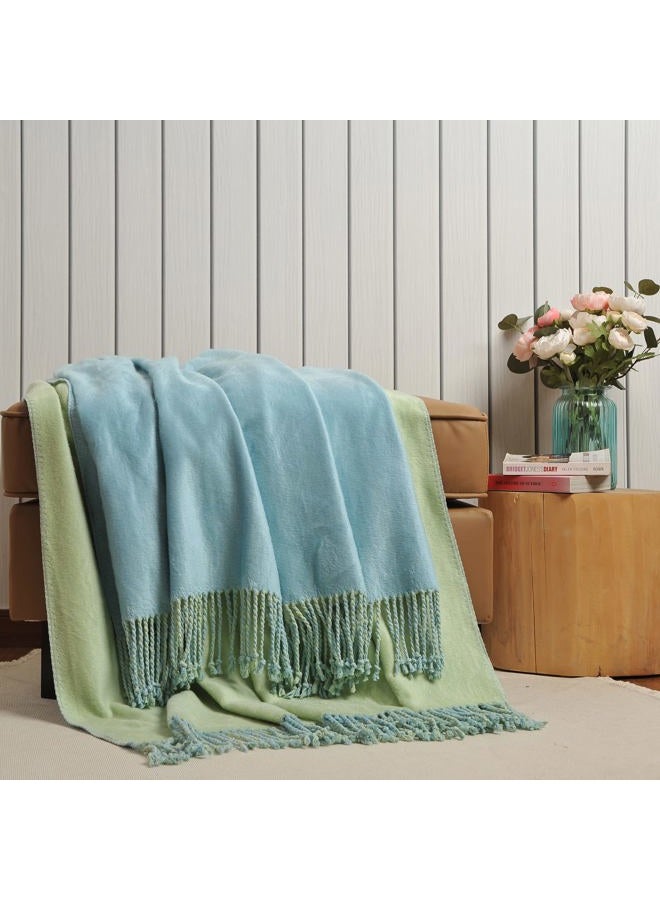 EP Mode Reversible Fringed Mulberry Silk Throw Blanket for Sofa (Crystal Blue/Lime) - Image 3