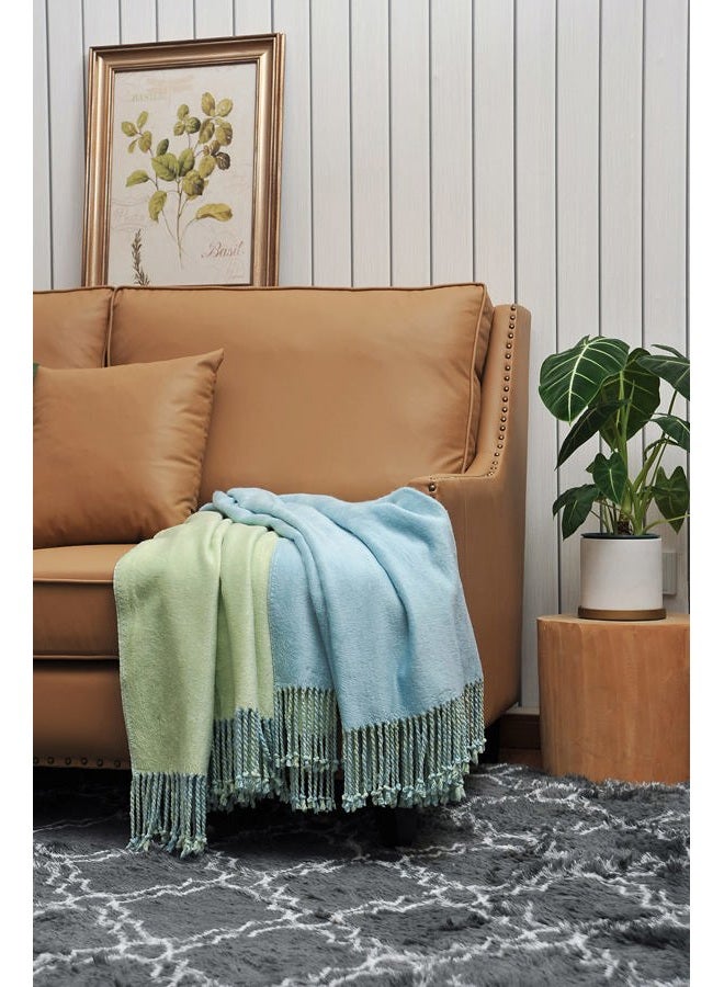 EP Mode Reversible Fringed Mulberry Silk Throw Blanket for Sofa (Crystal Blue/Lime) - Image 4