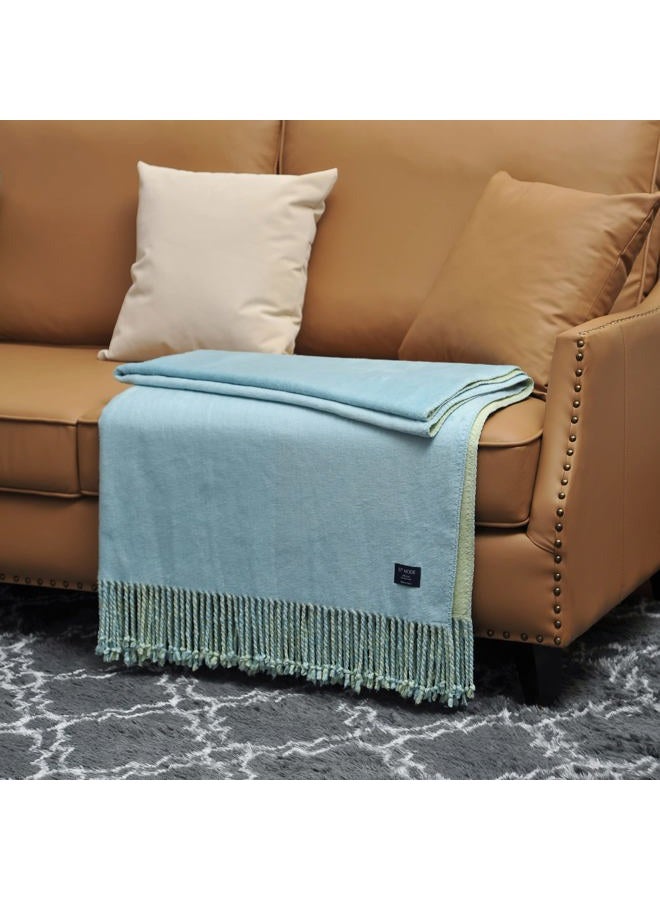 EP Mode Reversible Fringed Mulberry Silk Throw Blanket for Sofa (Crystal Blue/Lime) - Image 1