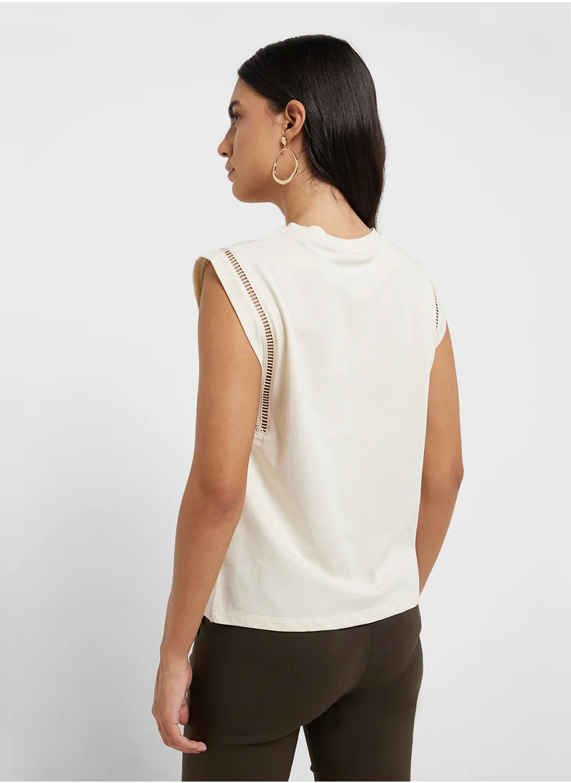 مانجو Cotton T-Shirt With Openwork Trim