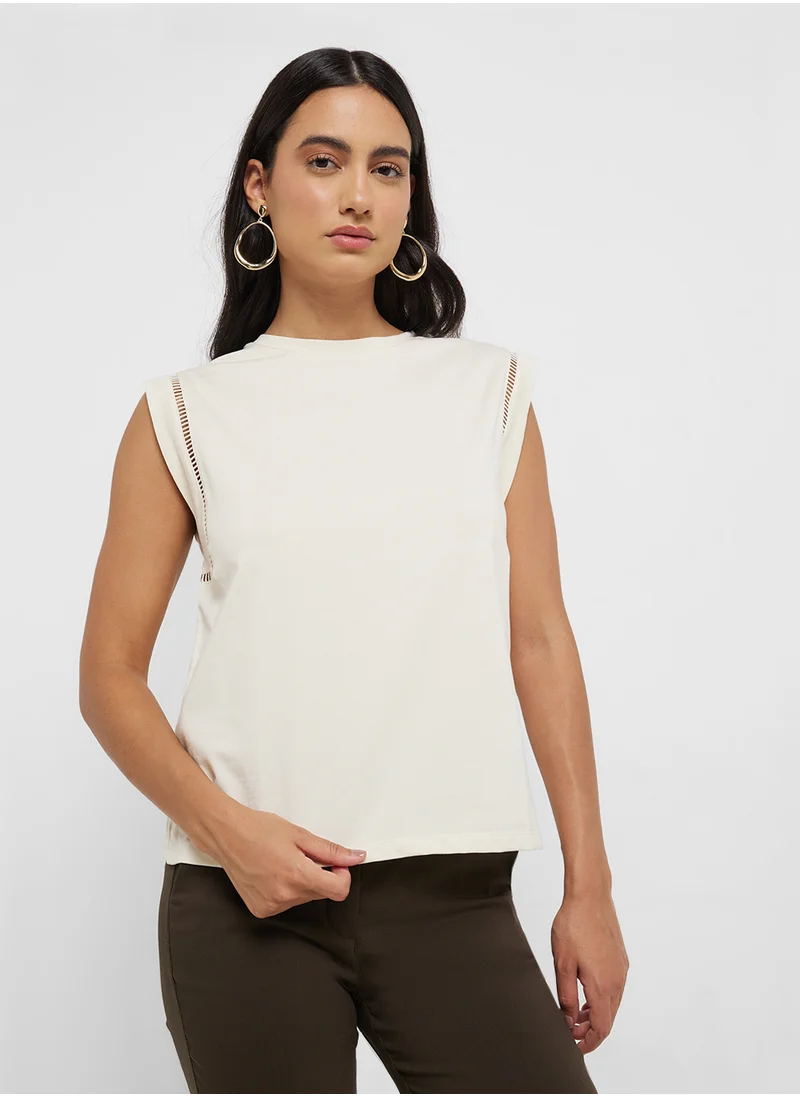 مانجو Cotton T-Shirt With Openwork Trim