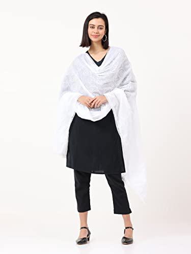 Petrichor Women's Fashion Designer Embroidered 100% COTTON Dupatta Scarf for Women/Girls (Length: 2.2 meters, Colour : White) - Image 3