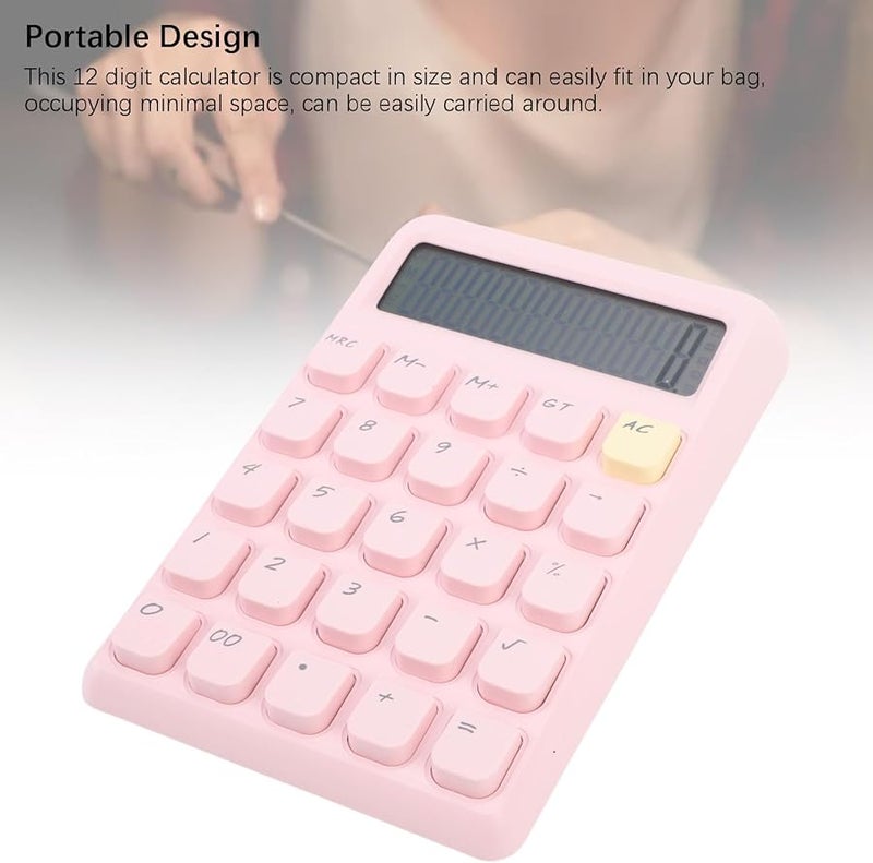 Solar Power Calculator 12 Digits Large LCD Display with Mechanical Buttons Pink for Office School - Image 5