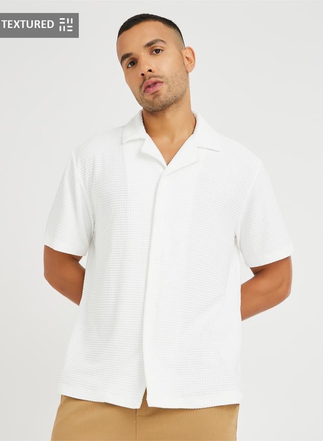 Styli Men White Waffle Textured Resort Collar Relaxed Fit Shirt - Image 1