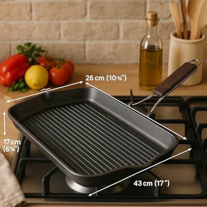 BS Xl Granite Grill Pan 43X26Cm  HeavyDuty Cast Aluminium NonStick Grill With Wooden Folding Handle  Bbq Style Indoor Grilling Pan  Kitchen Accessory  EcoFriendly Cookware - Image 4