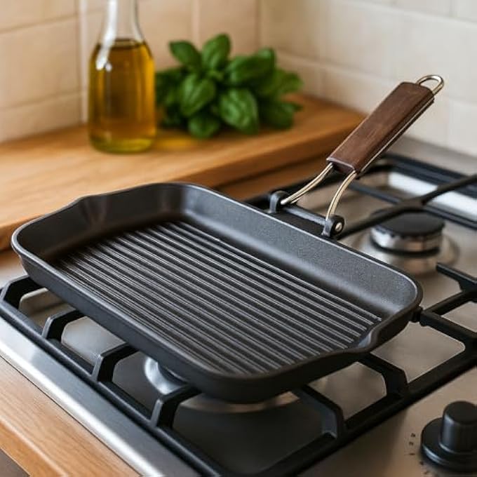 BS Xl Granite Grill Pan 43X26Cm  HeavyDuty Cast Aluminium NonStick Grill With Wooden Folding Handle  Bbq Style Indoor Grilling Pan  Kitchen Accessory  EcoFriendly Cookware - Image 5