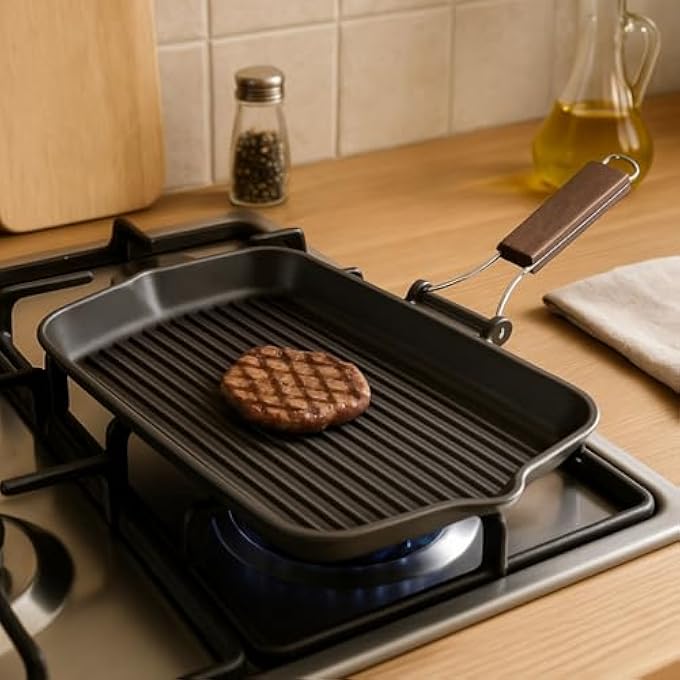 BS Xl Granite Grill Pan 43X26Cm  HeavyDuty Cast Aluminium NonStick Grill With Wooden Folding Handle  Bbq Style Indoor Grilling Pan  Kitchen Accessory  EcoFriendly Cookware - Image 1