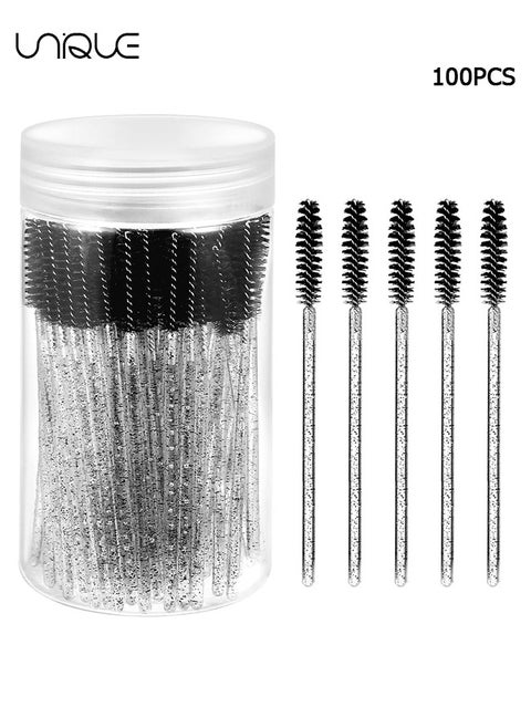 100 PCS Disposable Eyelash Brush,Crystal Eyelash Brush, Mascara Stick Brush Set - Eyelash Makeup Accessories - for Eyelash Extensions and Eyebrow Brush with Container (Black)