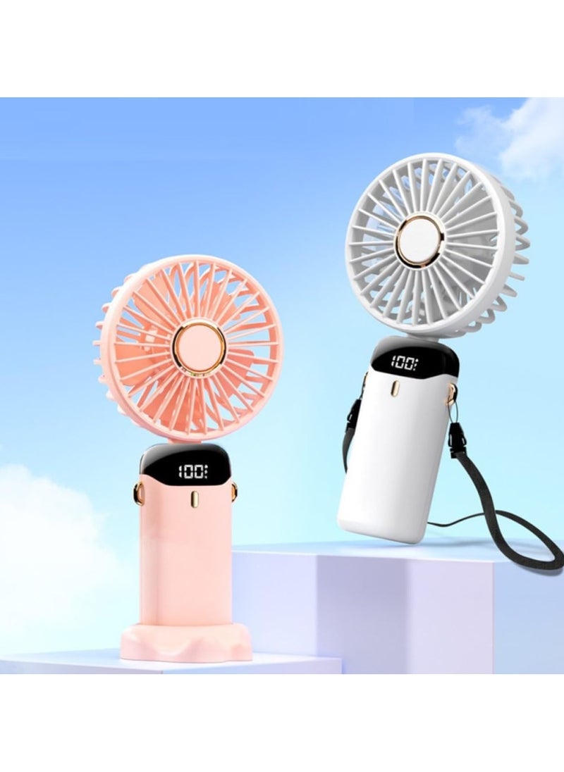 Portable Handheld Fan - Digital Display - 5 Speeds - USB Charging Port - 90 Degree Foldable - Different Colors (Blue, Green, White, Pink) - Elegant and Quiet Design - Suitable for Home, Work and Travel
