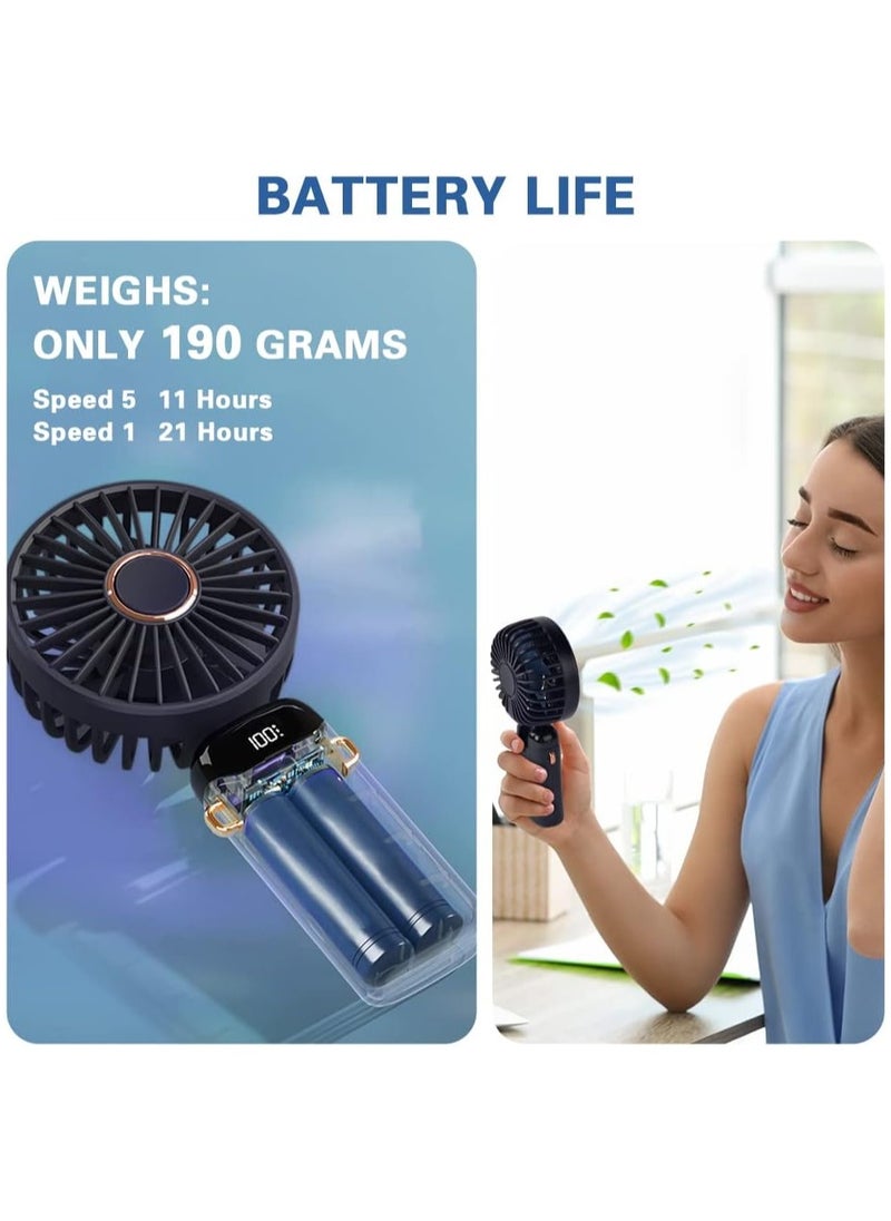 Portable Handheld Fan - Digital Display - 5 Speeds - USB Charging Port - 90 Degree Foldable - Different Colors (Blue, Green, White, Pink) - Elegant and Quiet Design - Suitable for Home, Work and Travel