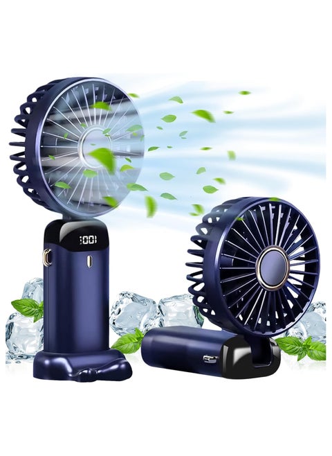 Portable Handheld Fan - Digital Display - 5 Speeds - USB Charging Port - 90 Degree Foldable - Different Colors (Blue, Green, White, Pink) - Elegant and Quiet Design - Suitable for Home, Work and Travel