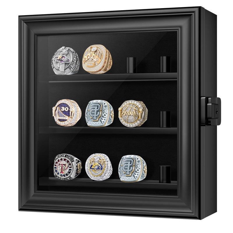 Mlikero Championship Ring Display Case 12 Ring Posts Baseball Ring Holder Wall Mount Wooden Shadow Box for Multiple Championship Rings