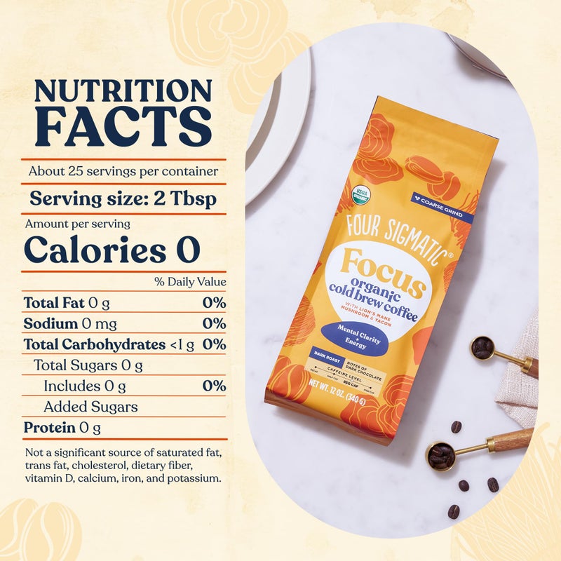 Four Sigmatic Organic Cold Brew Coffee Grounds | Dark Roast, Coarse Grounds with Lion's Mane and Chaga | Cold Brew Mushroom Coffee for Crash-Free Focus | 12 oz Bag - Image 3