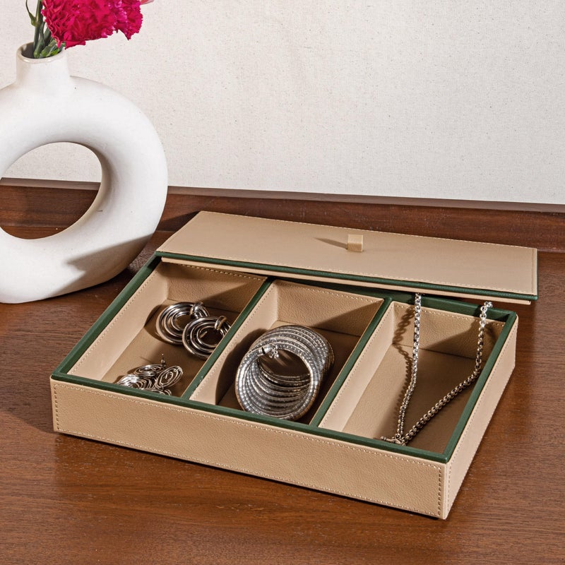 CASA BOTANICAL Handcrafted Desk Leather Organizer Tray with Lid Compartments 3 - Versatile and Stylish | Perfect for Office, Study, Table, Bedside, Cosmetic, and Decoration | Beige - Multi-Functional Storage - Image 1