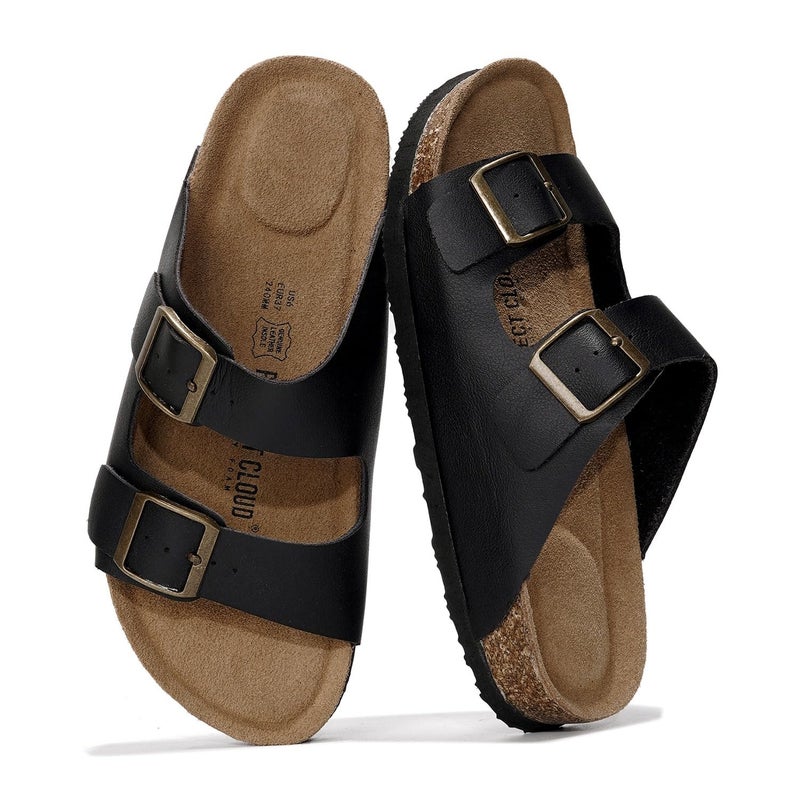 Project Cloud 100% Genuine Leather Flat Sandals For Women 2026 Cork Footbed Womens Sandals with Memory Foam and arch support Vacation Essentials Slides for Women Footwear (Venita, Black, 7) - Image 1