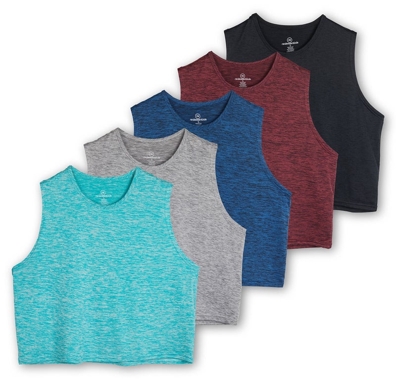 Real Essentials 5 Pack Womens Dry Fit Crop Summer Tank Top Gym Yoga Workout Sports Tee Available in Plus Size Set 2 S