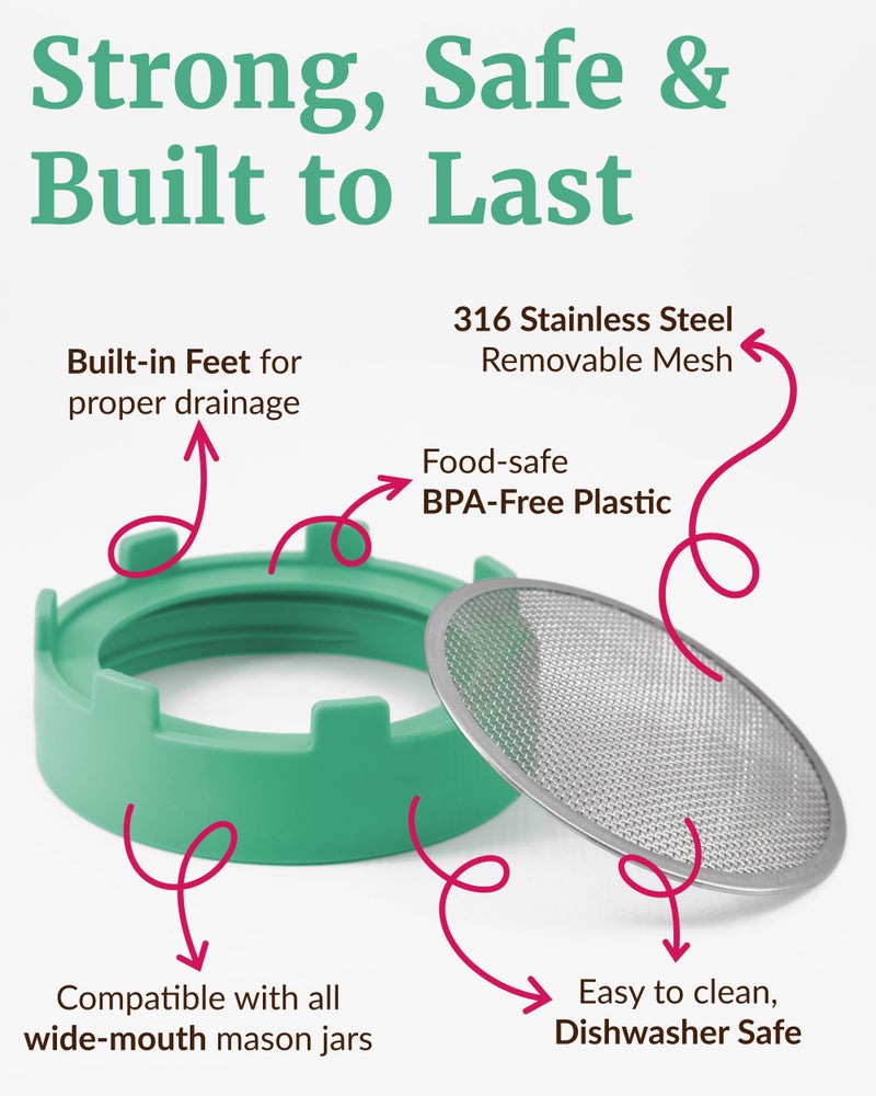 Elementi Sprouting Lids for Wide Mouth Mason Jars (Set of 2), Sprouting Jar Kit for Organic Sprouts, Alfalfa & Mung Bean Sprouts Grow Kit, 316 Stainless Steel Mesh Screen Strainer Lid (Mint) - Image 5