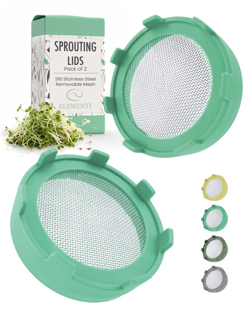 Elementi Sprouting Lids for Wide Mouth Mason Jars (Set of 2), Sprouting Jar Kit for Organic Sprouts, Alfalfa & Mung Bean Sprouts Grow Kit, 316 Stainless Steel Mesh Screen Strainer Lid (Mint) - Image 1