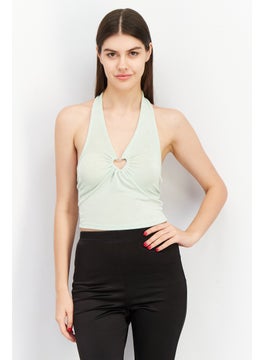 Women Halter Neck Sleeveless Textured Crop Top, Green