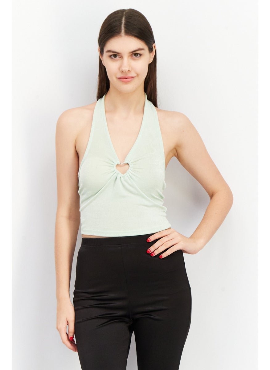 Don't Call Me Jennyfer - Women Halter Neck Sleeveless Textured Crop Top, Green - Image 1