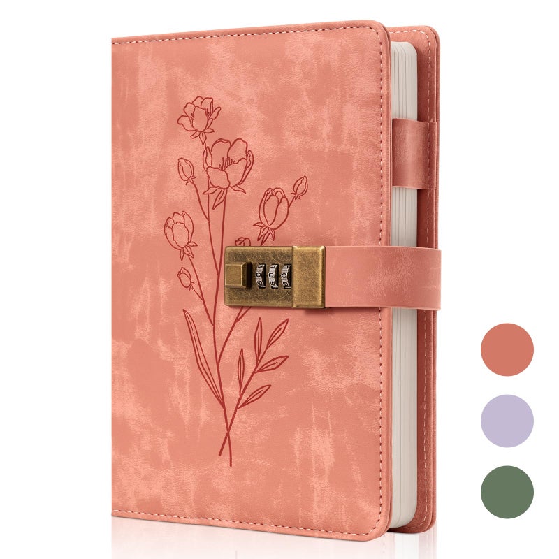 Ovesmusl Lock Diary for Women Diary with Lock for Girls A5 Leather Locked Journal 260 Pages 100 GSM Refillable Journal with Lock for Teens Secrets Flower Journals with Combination Passwords, 5.7"x8.3", Pink - Image 1