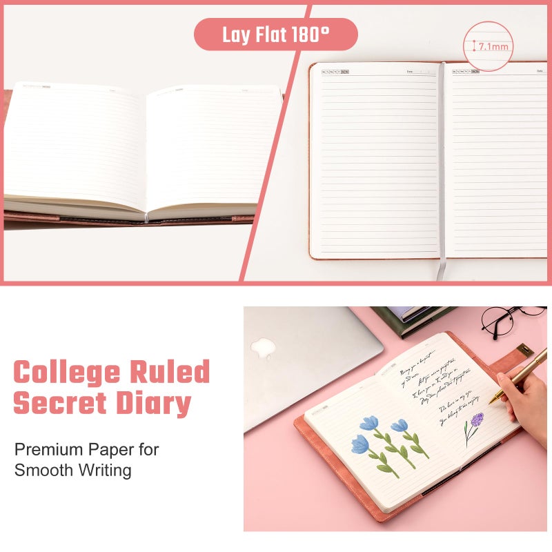 Ovesmusl Lock Diary for Women Diary with Lock for Girls A5 Leather Locked Journal 260 Pages 100 GSM Refillable Journal with Lock for Teens Secrets Flower Journals with Combination Passwords, 5.7"x8.3", Pink - Image 4