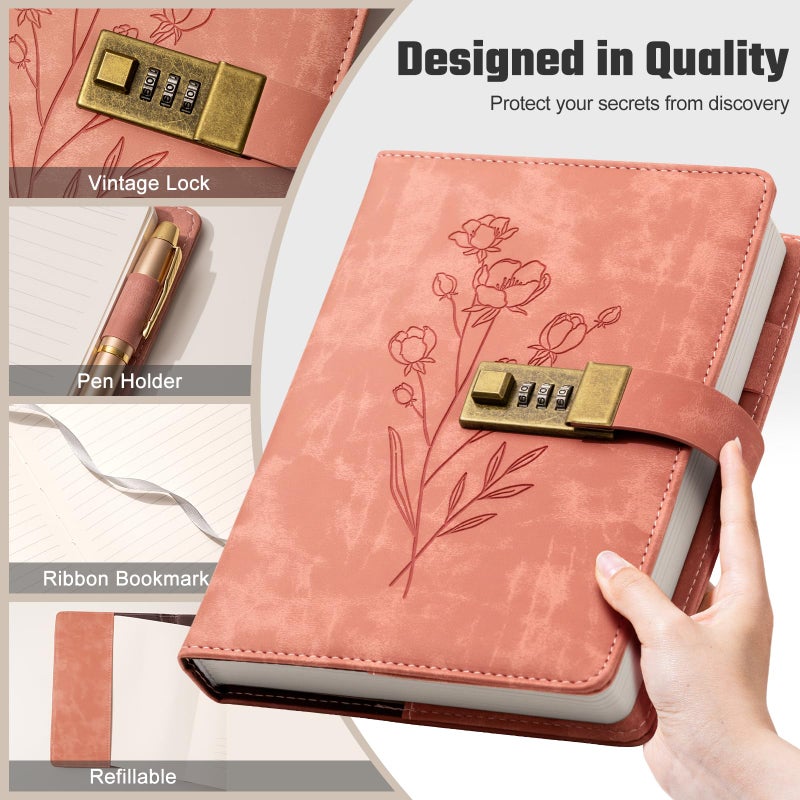 Ovesmusl Lock Diary for Women Diary with Lock for Girls A5 Leather Locked Journal 260 Pages 100 GSM Refillable Journal with Lock for Teens Secrets Flower Journals with Combination Passwords, 5.7"x8.3", Pink - Image 3