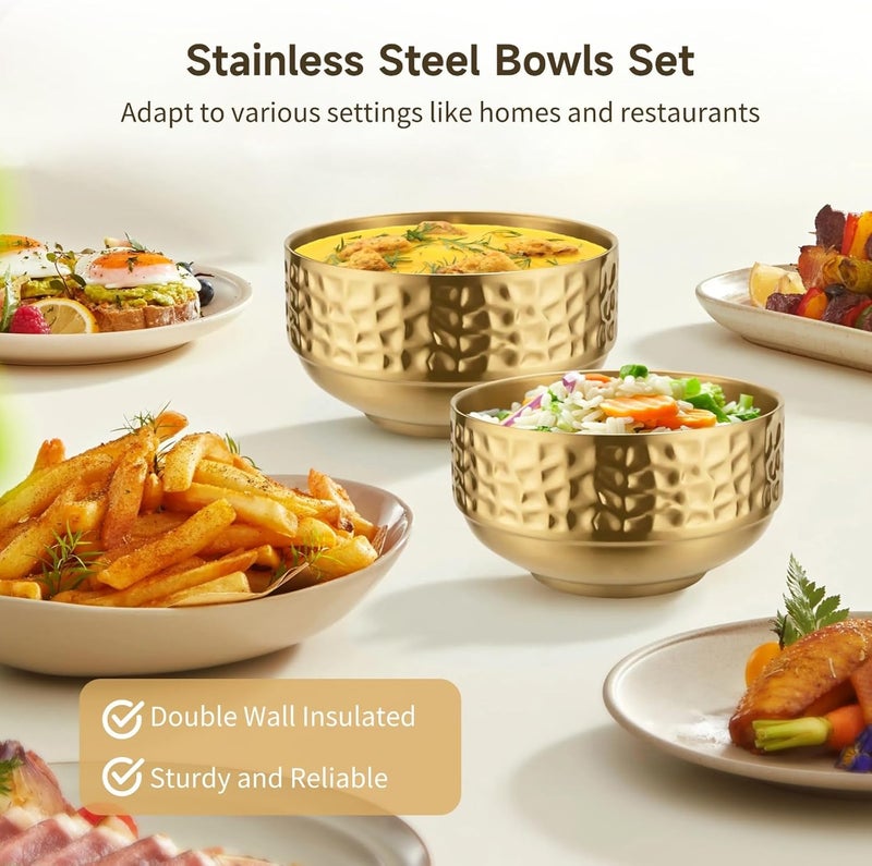 Homaisson Stainless Steel Gold Bowls Set  4 Pcs Classic Gold Serving Bowls for Homes and Restaurants Hammered Texture Double Wall Insulated Bowls - Image 2