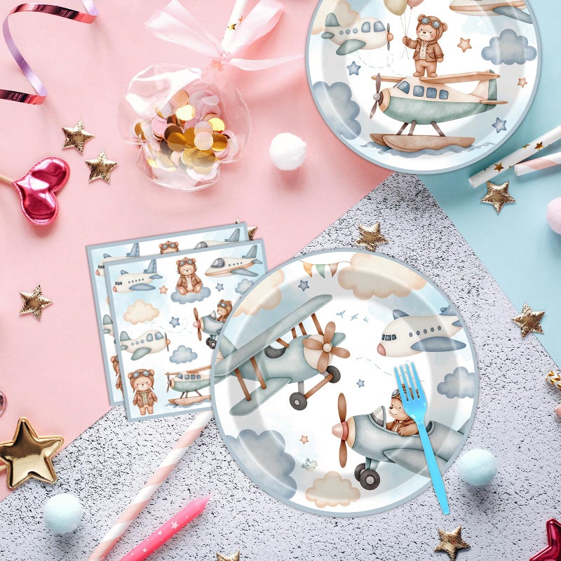 Hokinaa Airplane Baby Shower Decorations - 96 Pcs Blue Bear Plane Gender Reveal Party Supplies, Disposable Paper Plates Napkins Forks Tableware Set, Airplane Theme Birthday Party Decor for Kids Boys - Image 2