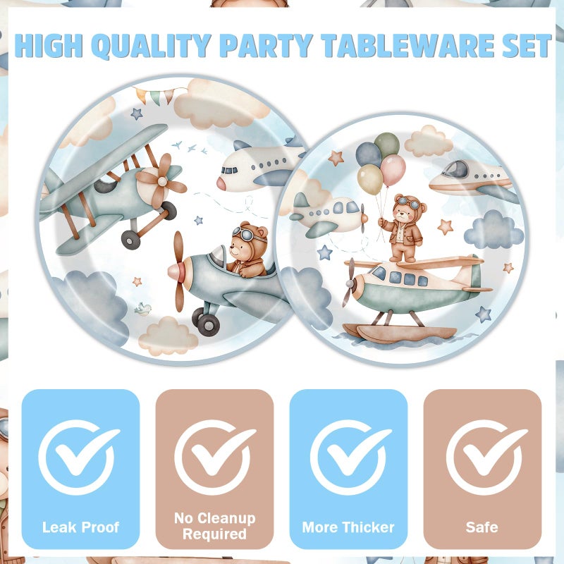Hokinaa Airplane Baby Shower Decorations - 96 Pcs Blue Bear Plane Gender Reveal Party Supplies, Disposable Paper Plates Napkins Forks Tableware Set, Airplane Theme Birthday Party Decor for Kids Boys - Image 4