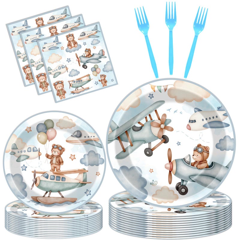 Hokinaa Airplane Baby Shower Decorations - 96 Pcs Blue Bear Plane Gender Reveal Party Supplies, Disposable Paper Plates Napkins Forks Tableware Set, Airplane Theme Birthday Party Decor for Kids Boys - Image 1