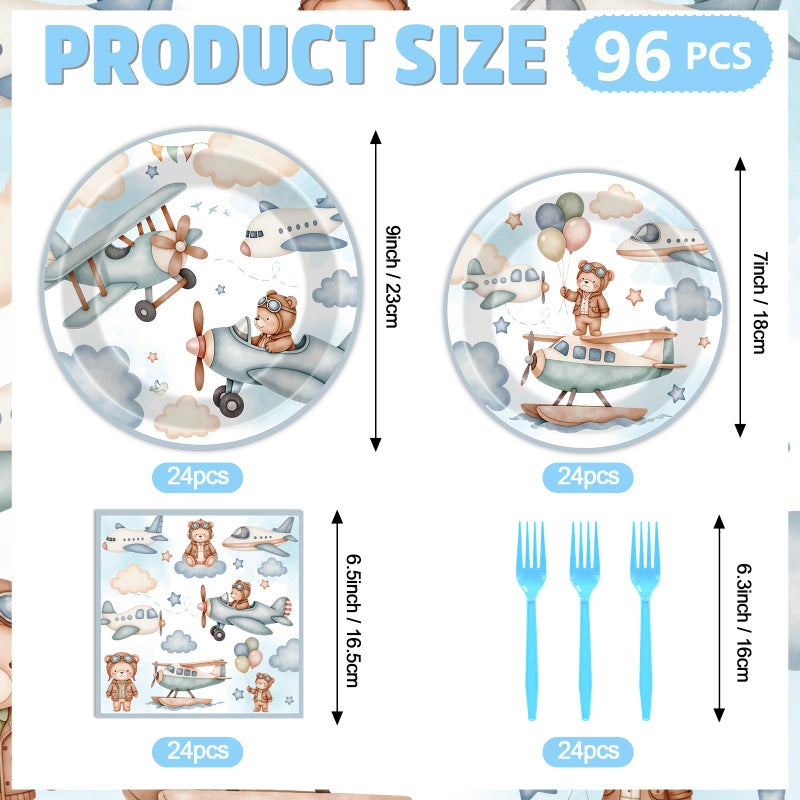 Hokinaa Airplane Baby Shower Decorations - 96 Pcs Blue Bear Plane Gender Reveal Party Supplies, Disposable Paper Plates Napkins Forks Tableware Set, Airplane Theme Birthday Party Decor for Kids Boys - Image 3