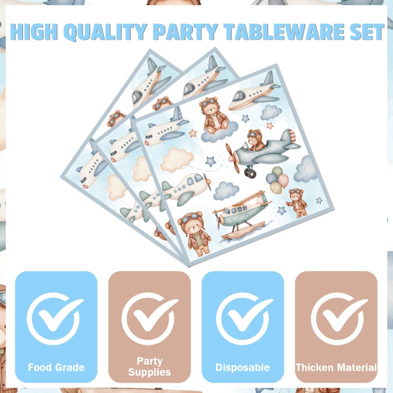 Hokinaa Airplane Baby Shower Decorations - 96 Pcs Blue Bear Plane Gender Reveal Party Supplies, Disposable Paper Plates Napkins Forks Tableware Set, Airplane Theme Birthday Party Decor for Kids Boys - Image 5