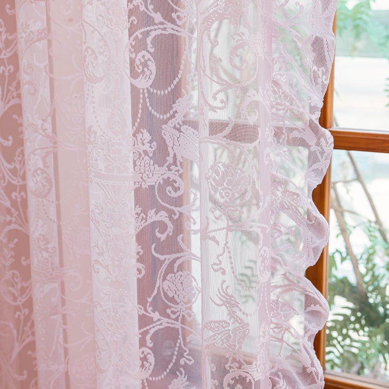 TUDECO Light Pink Sheer Curtains 84 Inches Long - Coquette Romantic Floral and Branch Pink Girl Curtains for Bedroom Set of 2, Shabby Chic Privacy Princess Ruffle CuteCore Room Decor, 59 x 84 Inch - Image 1