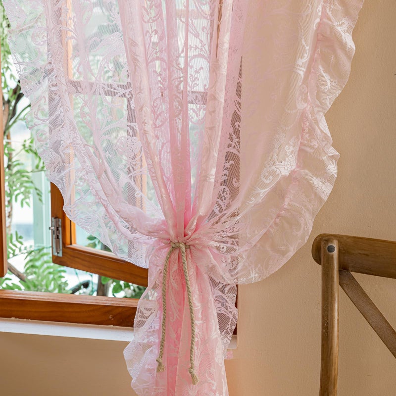 TUDECO Light Pink Sheer Curtains 84 Inches Long - Coquette Romantic Floral and Branch Pink Girl Curtains for Bedroom Set of 2, Shabby Chic Privacy Princess Ruffle CuteCore Room Decor, 59 x 84 Inch - Image 5