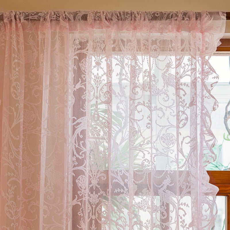 TUDECO Light Pink Sheer Curtains 84 Inches Long - Coquette Romantic Floral and Branch Pink Girl Curtains for Bedroom Set of 2, Shabby Chic Privacy Princess Ruffle CuteCore Room Decor, 59 x 84 Inch - Image 2