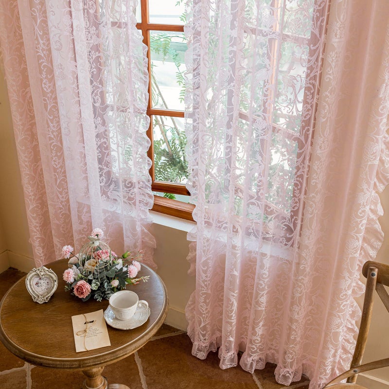 TUDECO Light Pink Sheer Curtains 84 Inches Long - Coquette Romantic Floral and Branch Pink Girl Curtains for Bedroom Set of 2, Shabby Chic Privacy Princess Ruffle CuteCore Room Decor, 59 x 84 Inch - Image 4