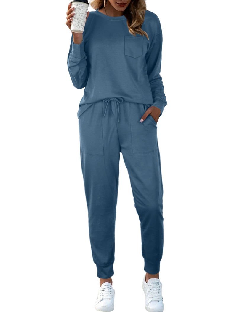 Bofell Womens Two Piece Outfits Crewneck Fall Clothes Long Sleeve Sweatsuit Sets Blue M - Image 5