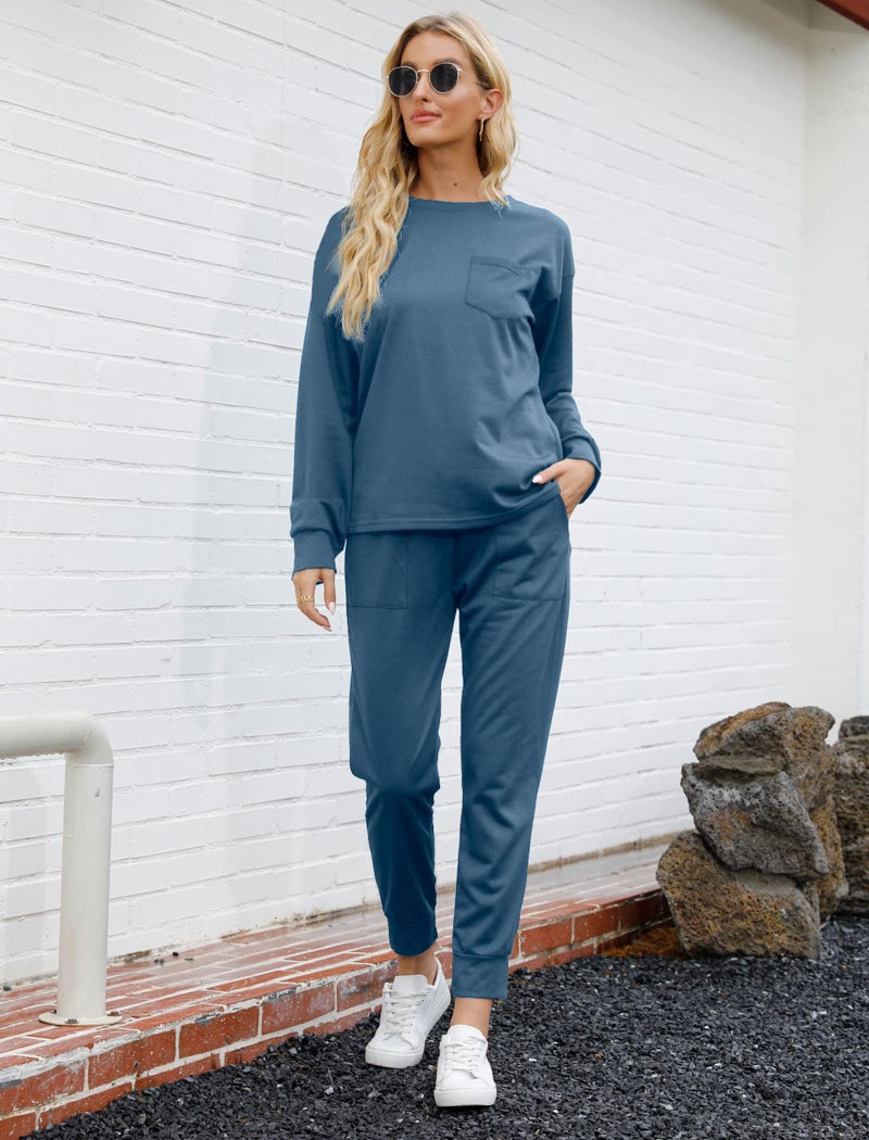 Bofell Womens Two Piece Outfits Crewneck Fall Clothes Long Sleeve Sweatsuit Sets Blue M - Image 2
