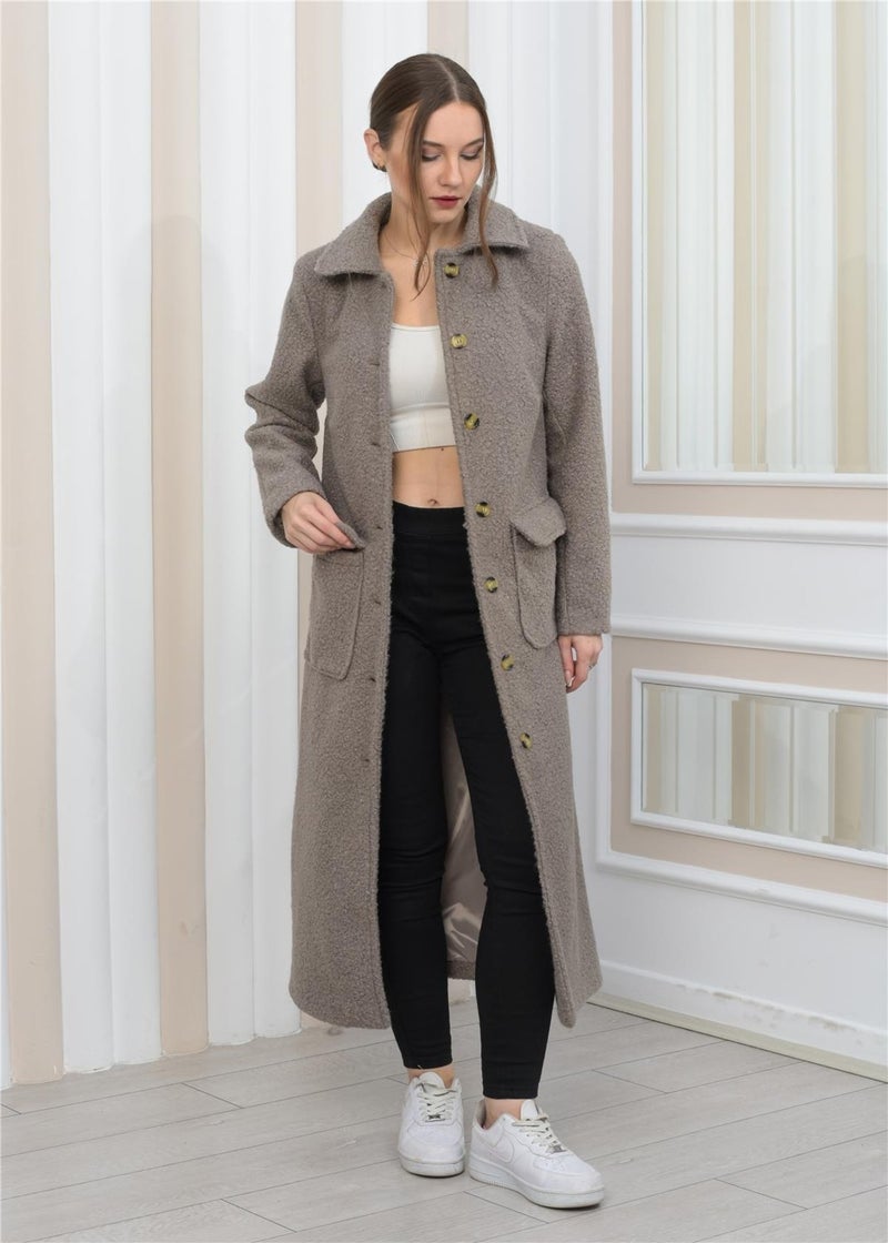 Nuseel New Season Collared Plush Curly Long Coat Gray  - Image 1