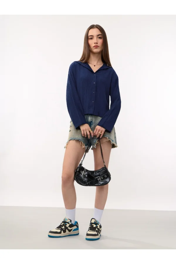 The Souled Store The Souled Store Women Teal Sailor Crinkled Blue Relaxed Fit Shirts