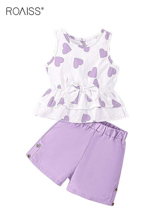 roaiss Toddler Girls Adorable T-shirt and Shorts Set, Stylish Summer Outfit with Sleeveless Heart Print Top and Solid Shorts, 2 Piece Comortable Clothing Set for Little Girls - Image 1