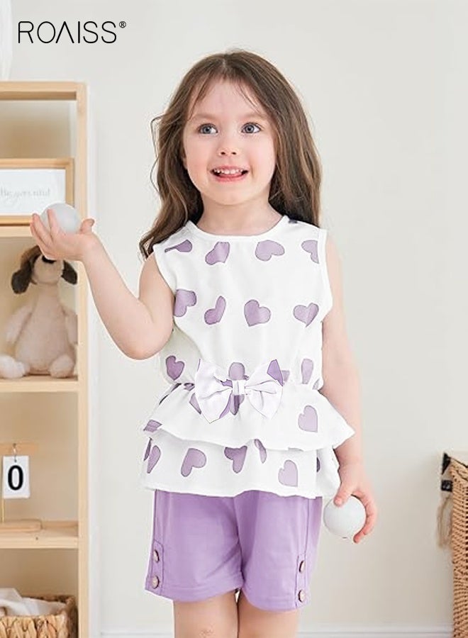 roaiss Toddler Girls Adorable T-shirt and Shorts Set, Stylish Summer Outfit with Sleeveless Heart Print Top and Solid Shorts, 2 Piece Comortable Clothing Set for Little Girls - Image 3
