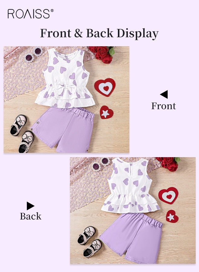 roaiss Toddler Girls Adorable T-shirt and Shorts Set, Stylish Summer Outfit with Sleeveless Heart Print Top and Solid Shorts, 2 Piece Comortable Clothing Set for Little Girls - Image 2
