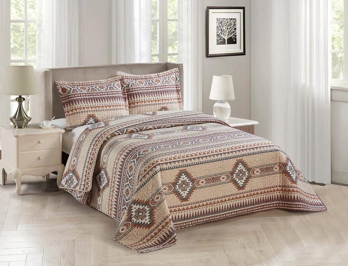 RUSTIC SOUTHWEST QUILTED WESTERN BEDSPREAD BEDDING SET IN BROWN BEIGE TAUPE CHARCOAL AND TRIBAL NATIVE AMERICAN PATTERNS NEVADA FULLQUEEN